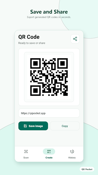 Save and Share screen in QR Pocket